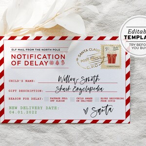 Presente de Natal atrasado editável Voucher de presente de Natal para impressão, presente de Natal atrasado Aviso oficial | MODELO EDITÁVEL