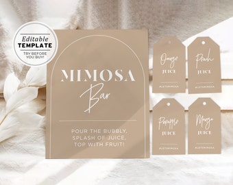 Nue Arch Mimosa Bar Sign and Tag Templates, Minimalist Bridal Shower Mimosa Sign Printable | EDITABLE TEMPLATE #038