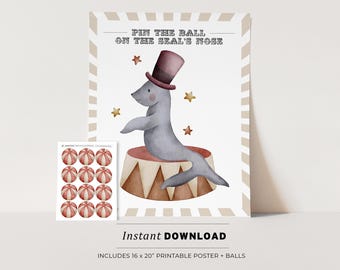 Circus Party Game, Pin the Ball on the Seal Kids Party Game Printable Poster, Birthday Party Game, INSTANT DOWNLOAD