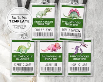 Dino Island Paleontologist ID Card, Dinosaur Expert Id Card, Birthday Party Printable | EDITABLE TEMPLATE #046