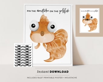 Cute Goldfish Party Game, Pin the Moustache on the Goldfish Printable Poster, Birthday Party Game, INSTANT DOWNLOAD