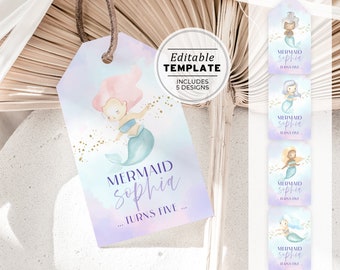 Coralia Mermaid Watercolor Theme Party Favor Tag, Thank you Tag | EDITABLE TEMPLATE, Printable #084