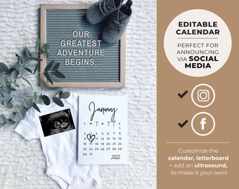 Pregnancy Announcement Digital, Social Media Due Date Calendar, Editable Template