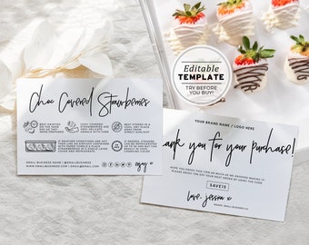 Juliette Minimalist Chocolate Covered Strawberries Card and Thank You Card, Thank You Package Insert | EDITABLE TEMPLATE #050 #043