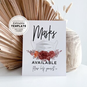 Masks Available Minimalist Maroon Floral COVID-19 Safety Sign Printable | EDITABLE TEMPLATE #004