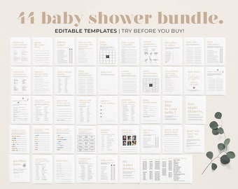 44 Printable Baby Shower Games, Baby Shower Game Bundle, Printable Baby Party Games | EDITABLE TEMPLATE #047 Scandi Minimalist