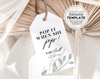 Chelsea Leafy Minimalist Baby Shower Champagne Bottle Tag Template, Pop it when she pops tag | EDITABLE TEMPLATE #068