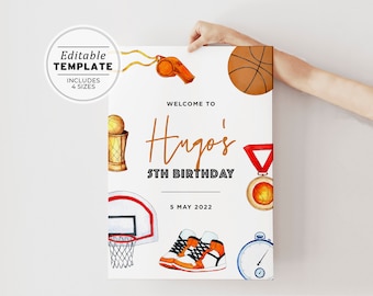 Minimalist Basketball Birthday Welcome Sign Poster | EDITABLE TEMPLATE, Printable #067