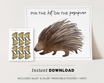 Pin the Hat on the Porcupine Kids Party Game Printable Poster, Birthday Party Game, INSTANT DOWNLOAD