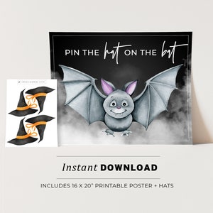 Halloween Pin the Hat on the Bat, Halloween Printable Poster, Halloween Party Game, INSTANT DOWNLOAD #080