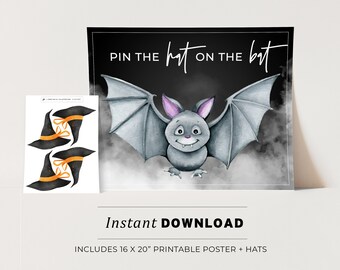 Halloween Pin the Hat on the Bat, Halloween Printable Poster, Halloween Party Game, INSTANT DOWNLOAD #080