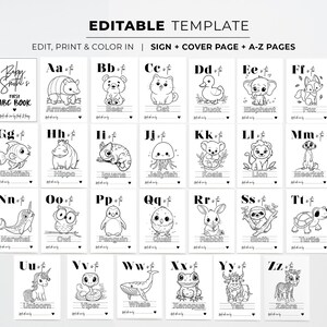 May include: Black and white printable alphabet book for children. Each page features a letter, animal, and name. The book includes a cover page and sign.
