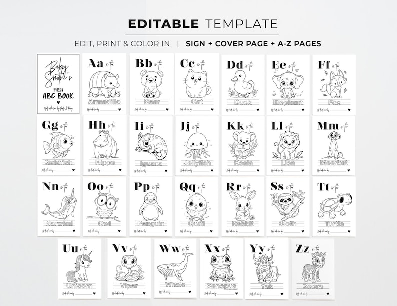 May include: Black and white printable alphabet book for children. Each page features a letter, animal, and name. The book includes a cover page and sign.