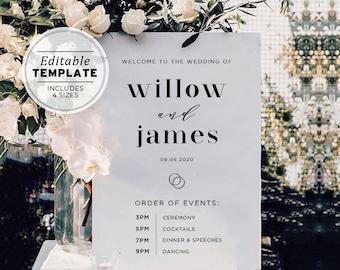 Mr White Minimalist Order of Events Wedding Timeline Sign, Editable Template #001