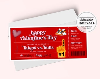 Printable Valentine's Day Gift Ticket Template, Basketball Game Gift Certificate, Valentines Day Coupon | EDITABLE TEMPLATE #082