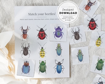 Match the Beetle Kids Activity Printable, Montessori Educational Game, Birthday Party Game, INSTANT DOWNLOAD