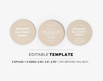 Scandi Minimalist Ingredients Label Template, Jar Label - 3 Sizes + 3 Styles - 2.25"/2.5"/2.75" Printable | EDITABLE TEMPLATE #053 #043