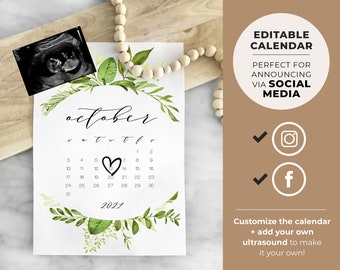 Digital Pregnancy Announcement, Social Media Due Date Calendar, Editable Template