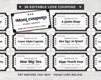 Printable Mom Coupons, Mother's Day Gift, Birthday Gift for Mom, Mother's Day Gift | EDITABLE TEMPLATE
