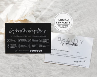 Minimalist Eyebrow Threading Aftercare and Appointment Card, Aftercare Instructions | PRINTABLE EDITABLE TEMPLATE #054 #043 Willow