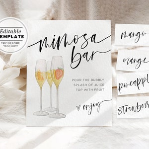 Aubrey Minimalist Mimosa Bar Sign and Tags Template, Printable Mimosa Sign | EDITABLE TEMPLATE #073