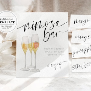 Aubrey Minimalist Mimosa Bar Sign and Tags Template, Printable Mimosa Sign | EDITABLE TEMPLATE #073