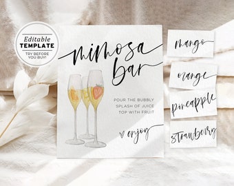 Aubrey Minimalist Mimosa Bar Sign and Tags Template, Printable Mimosa Sign | EDITABLE TEMPLATE #073