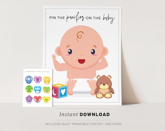 Baby Shower Game, Pin the Pacifier on the Baby Printable Poster Party Game | INSTANT DOWNLOAD
