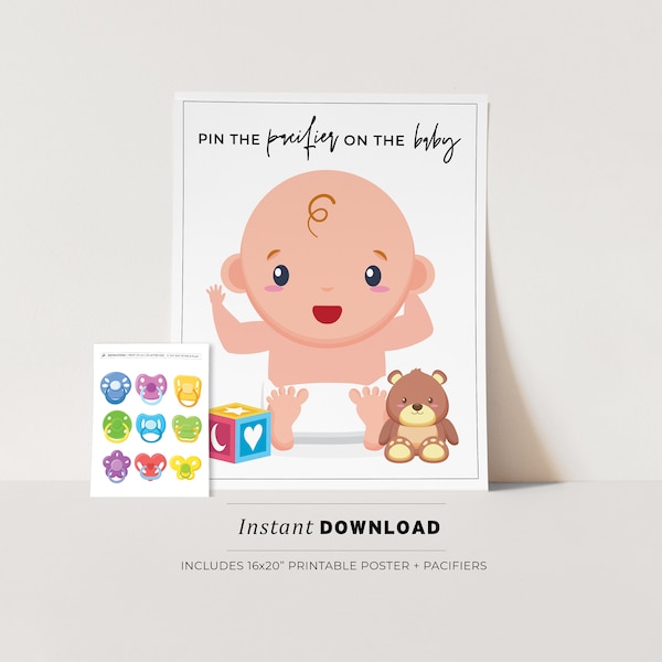 Baby Shower Game, Pin the Pacifier on the Baby Printable Poster Party Game | INSTANT DOWNLOAD