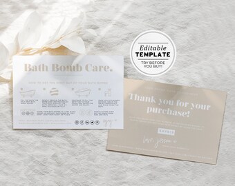 Scandi Minimalist Bath Bomb Thank You, Care Instructions and Storage Care Card with Icons, Package Insert | EDITABLE TEMPLATE #053 #043