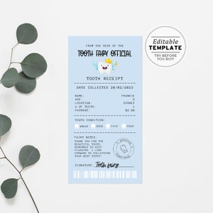 Recibo de fada de dente editável azul em pó, modelo de nota de fada de dente de bebê Mini carta | MODELO EDITÁVEL