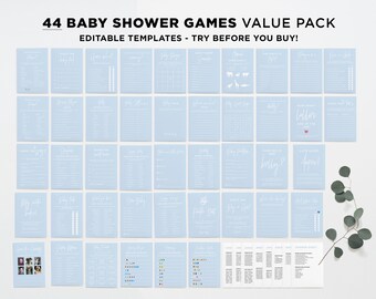 44 Printable Baby Shower Games, Baby Shower Game Bundle, Printable Baby Party Games | EDITABLE TEMPLATE #036 Powder Blue