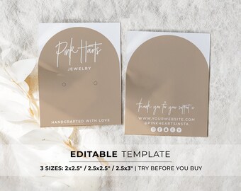 Editable Earring Display Card Template, 3 Sizes - 2x2.5" / 2.5x2.5" / 2.5x3" | PRINTABLE TEMPLATE #052 #043 Nue Arch
