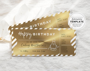 Printable Gold Cooking Class Ticket Birthday Gift Template, Cooking Masterclass Surprise Gift Certificate | EDITABLE TEMPLATE #082