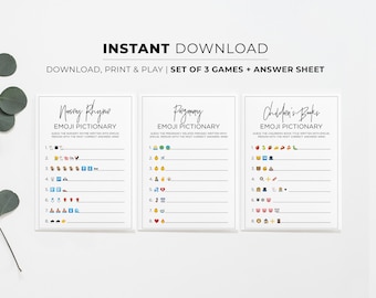 3 Emoji Pictionary Baby Shower Games Printable, Baby Shower Game Bundle, Printable Baby Party Games | INSTANT DOWNLOAD #004 Juliette