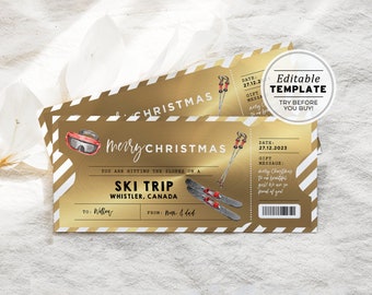 Printable Ski Pass Christmas Gift, Ski Trip Gift Voucher, Santa Gift Certificate, Ski Holiday, Editable Christmas Coupon Template #082 #094