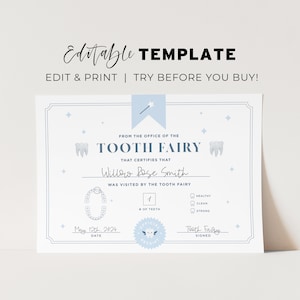 Certificado editável da fada do dente, modelo de nota da fada do dente do bebê Mini carta | MODELO EDITÁVEL