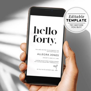 Hello Forty Minimalist 40th Birthday Party Digital Invite, Birthday Evite | EDITABLE TEMPLATE #001
