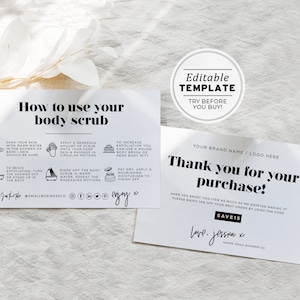 Minimalist Body Scrub Instructions Card, Body Polish Editable AfterCare Card | PRINTABLE EDITABLE TEMPLATE #055 #043 Mr White