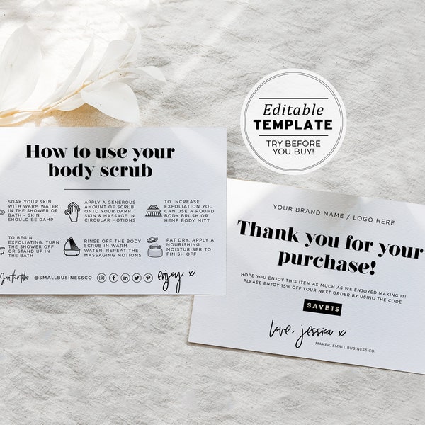 Minimalist Body Scrub Instructions Card, Body Polish Editable AfterCare Card | PRINTABLE EDITABLE TEMPLATE #055 #043 Mr White