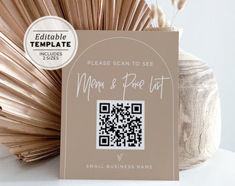 Minimalist QR Code Menu and Price List Sign Template, Small Business Sign | EDITABLE TEMPLATE #052 #043 Nue Minimalist