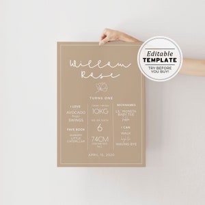 Ecru First Birthday Milestone Poster Printable | EDITABLE TEMPLATE #036