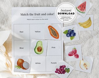 Match the Fruits and Colors Kids Activity Printable, Montessori Educational Game, Birthday Party Game, INSTANT DOWNLOAD