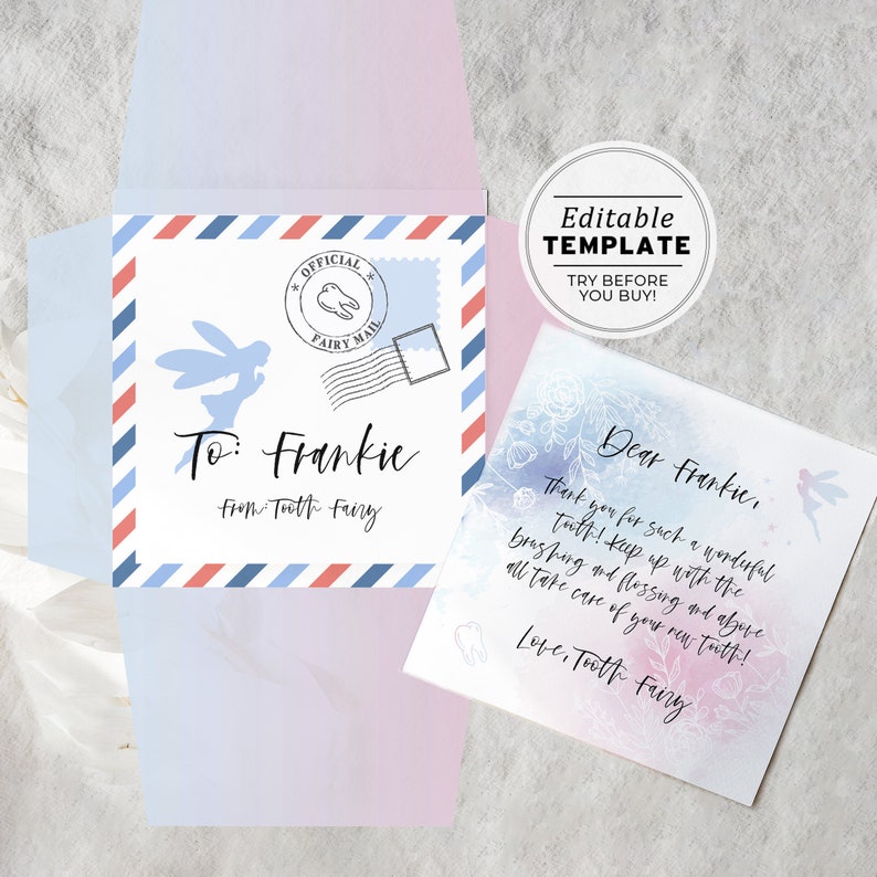 May include: A blue and white card with a tooth fairy design. The card says "To: Frankie From Tooth Fairy" and "Official Fairy Mail". The card is folded in half and has a pink envelope.