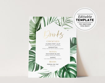 Tui Tropical Leaves & Gold Wedding Drinks Bar Sign Printable Editable Template #042