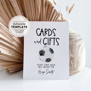 Tarjetas temáticas de fútbol minimalista y letrero de regalos, letrero de regalos de cumpleaños de fútbol imprimible, plantilla editable #077