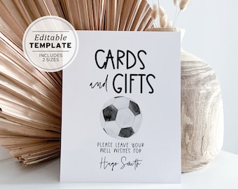 Minimalist Soccer Theme Cards and Gifts Sign, Printable Soccer Birthday Gifts Sign, Editable Template #077