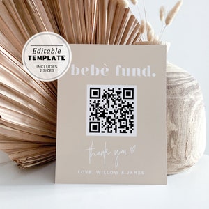 Scandi Minimalist Baby Shower Diaper Fund Código QR, Wishing Well Sign Signo imprimible / PLANTILLA EDITABLE #047