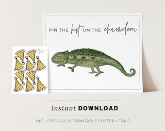 Kids Party Game, Pin the Hat on the Chameleon Printable Poster, Birthday Party Game, INSTANT DOWNLOAD