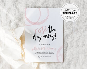 Rosé the day away 30th Birthday Party Invitation Printable Card | EDITABLE TEMPLATE #071